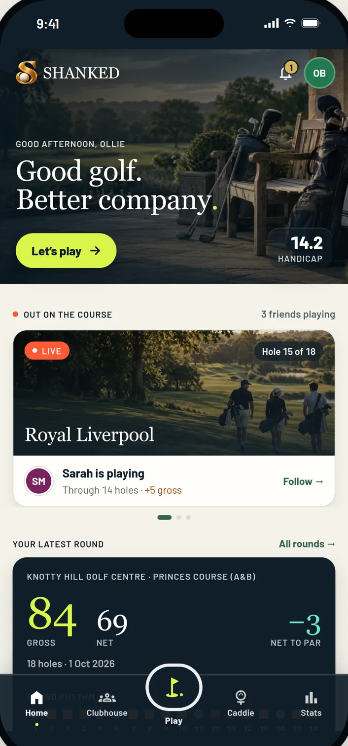 SHANKED home showing your handicap, friends playing and latest round