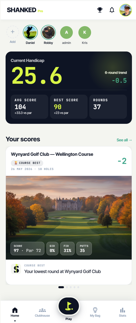 Shanked home screen - live WHS handicap, score chips and your crew